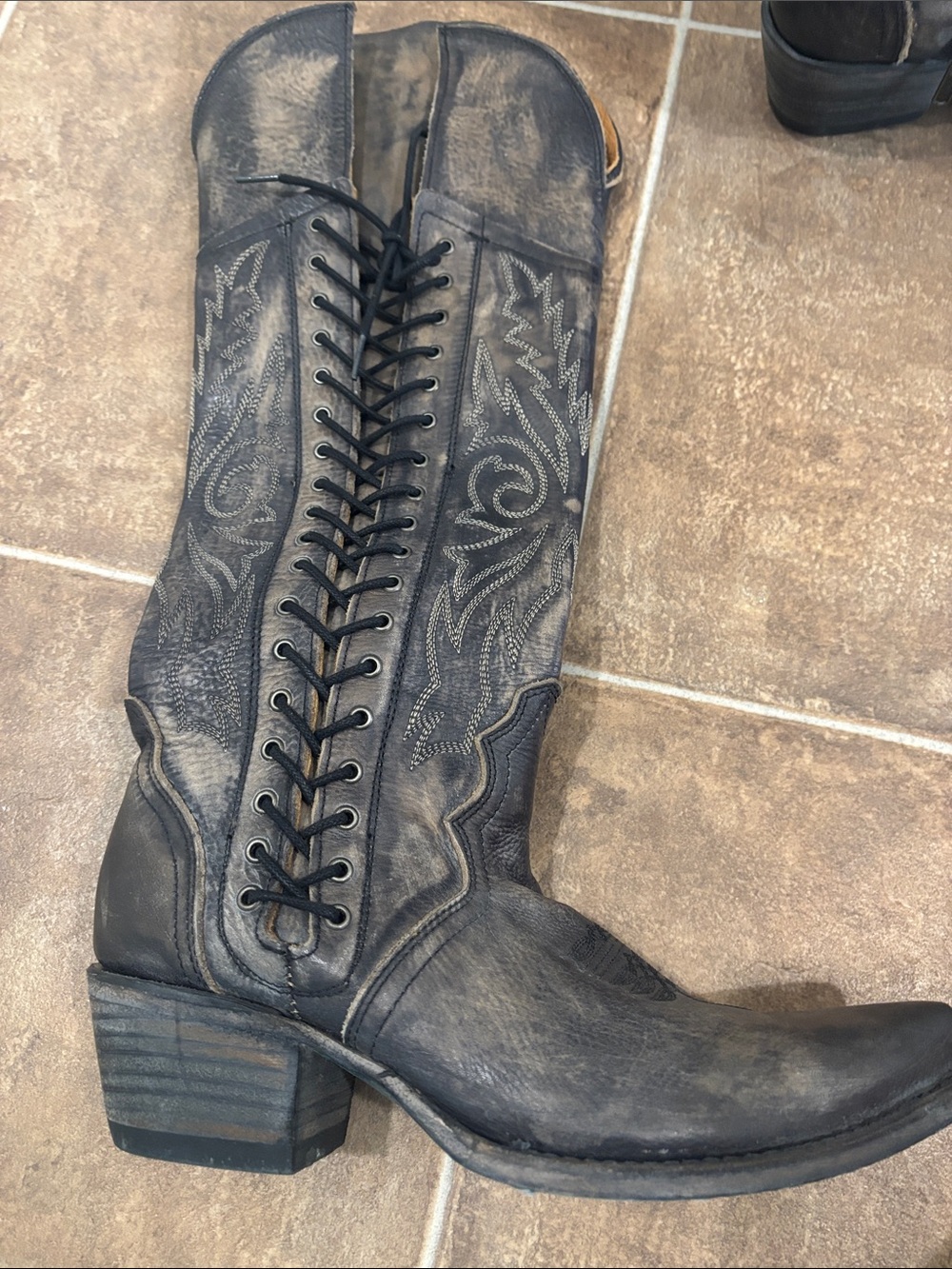 Freebird by Steven Distressed Black Lace-Up Knee-High Western Boots